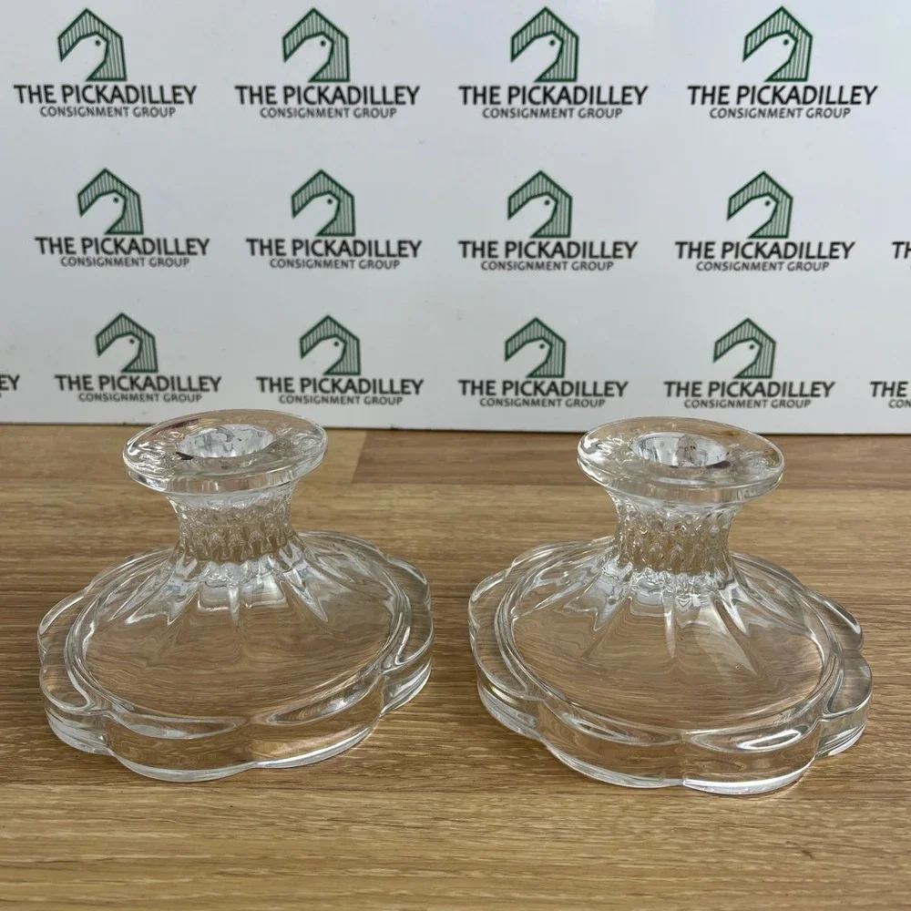 Vintage Clear Pressed Glass Scalloped Petal Taper Candlestick Holders Pair 3in